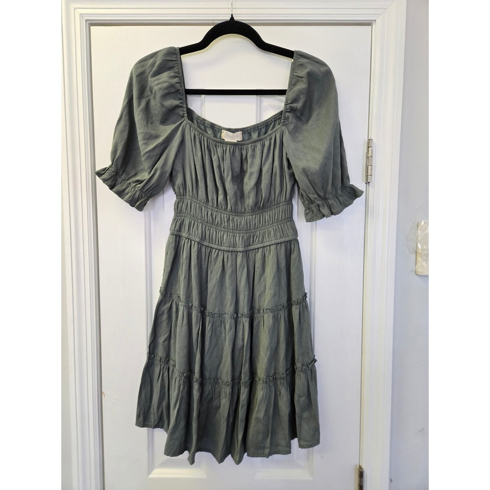 Altar'd State Sage Green Smocked Tiered Puff Sleeve Mini Dress M Cottagecore